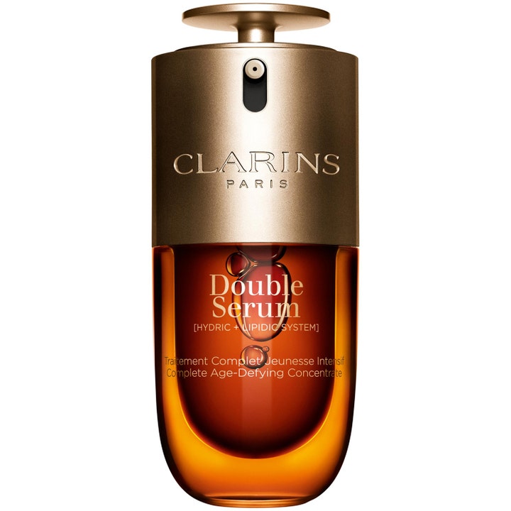 Clarins Double Serum anti-age ansigtsserum modvirker rynker i en ikonisk guld- og ravfarvet pumpeflaske af glas