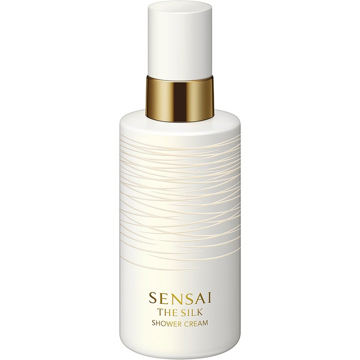 Sensai The Silk Shower Cream 200 ml fugtgivende badecreme i hvid flaske med guldhals og elegant bølget mønster