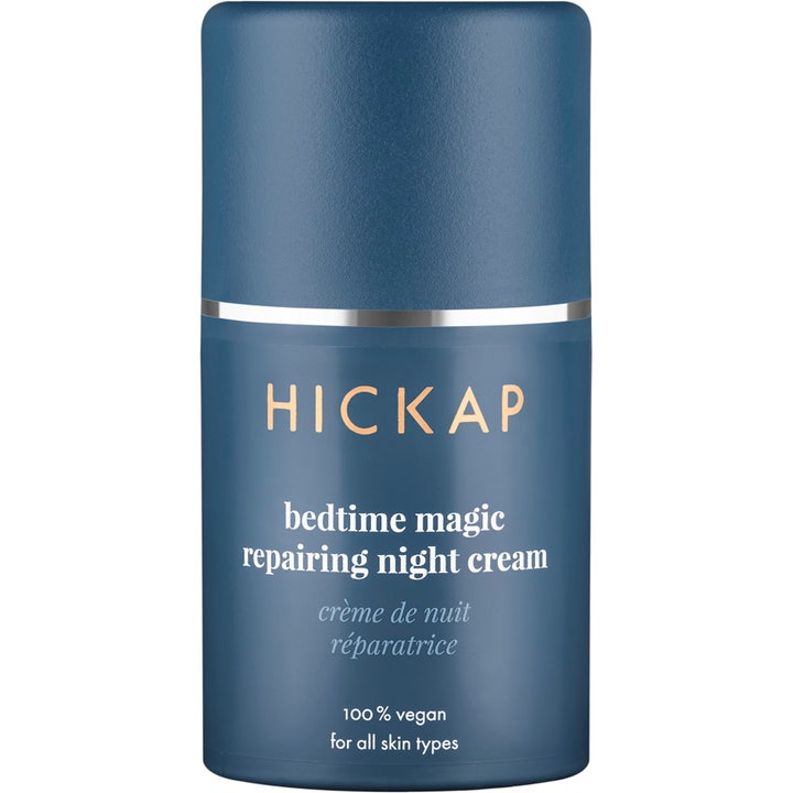Hickap Bedtime Magic Repairing Night Cream 50ml reparerende natcreme i mørkeblå beholder med sølvdetalje.