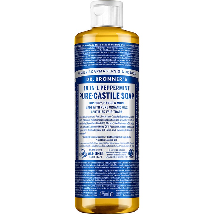 Dr. Bronner's 18-in-1 Peppermint Pure-Castile Soap 475 ml opfriskende flydende sæbe i plastflaske med blå label