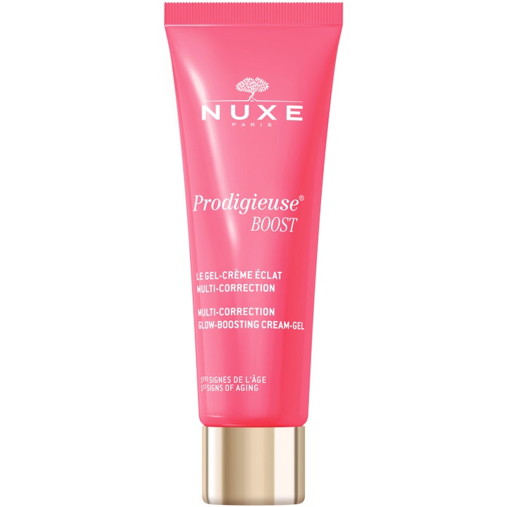 Nuxe Prodigieuse Boost 40ml glow-boosting creme-gel mod første aldringstegn i lyserød tube med guldhætte.