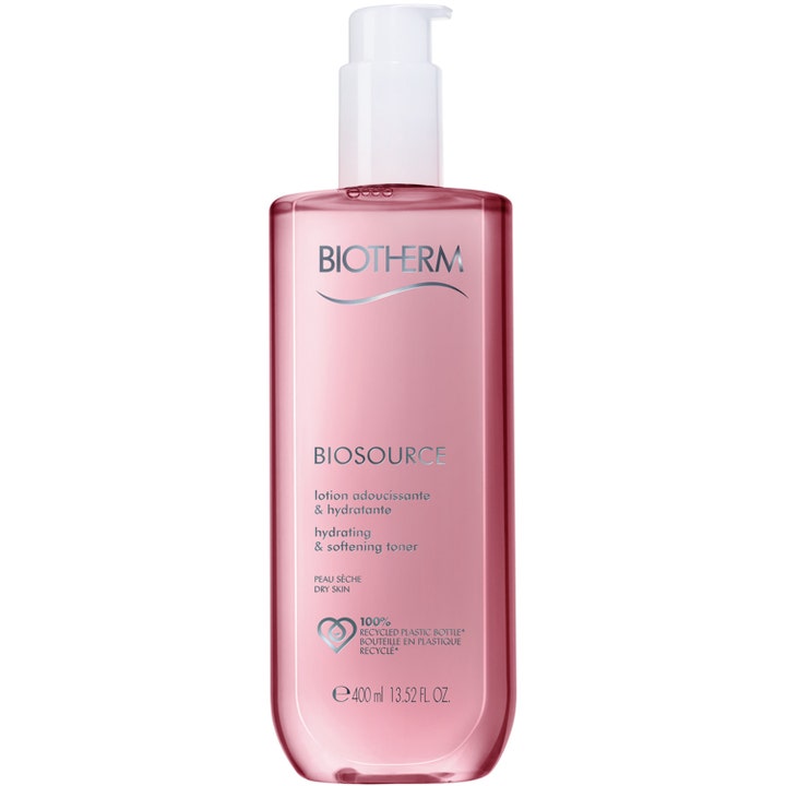 Biotherm Biosource 400 ml fugtgivende skintonic til tør hud i en gennemsigtig rosa plastflaske med hvid pumpe.