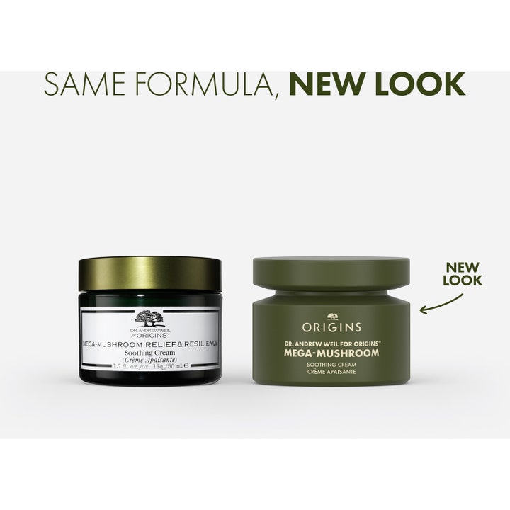 Origins Mega-Mushroom Soothing Face Cream 50 ml i gammel og ny grøn krukke med teksten New Look.
