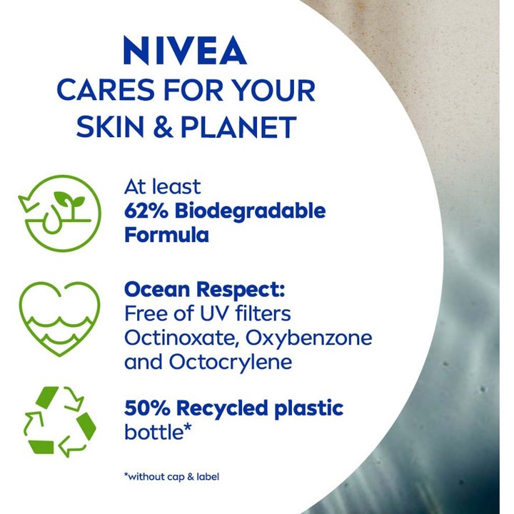 NIVEA Sun Sensitive Protect 200 ml solcreme SPF 50 grafik om bionedbrydelig formel og genanvendt flaske.