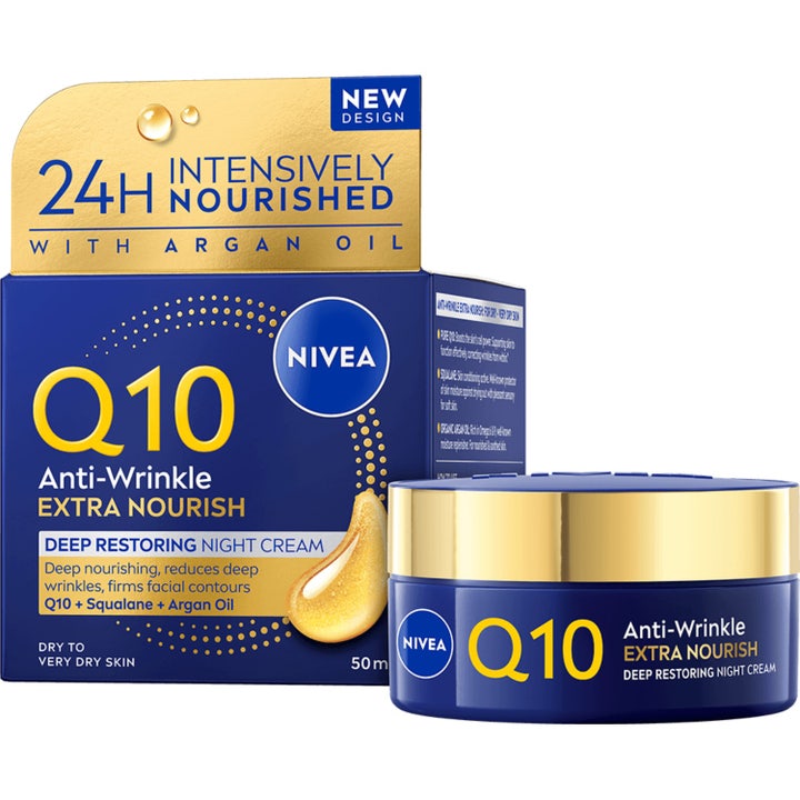 Nivea Q10 Anti-Wrinkle Extra Nourish natcreme mod rynker i mørkeblå krukke med guldlåg og papæske