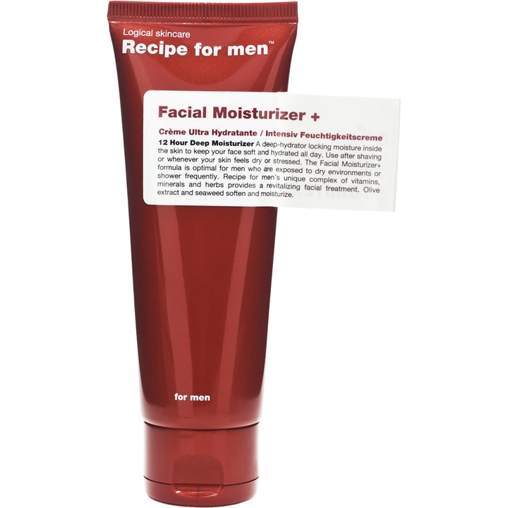 Recipe for men Facial Moisturizer + fugtgivende ansigtscreme i mørkerød tube med hvid etiket for intensiv pleje