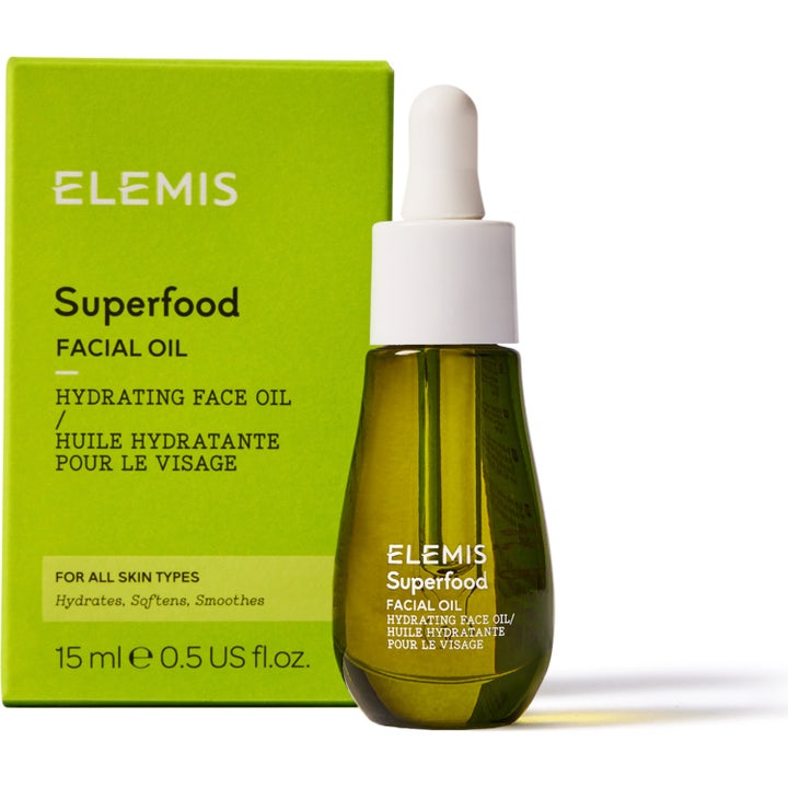 Elemis Superfood Facial Oil 15 ml fugtgivende ansigtsolie i grøn glasflaske med pipette og æske