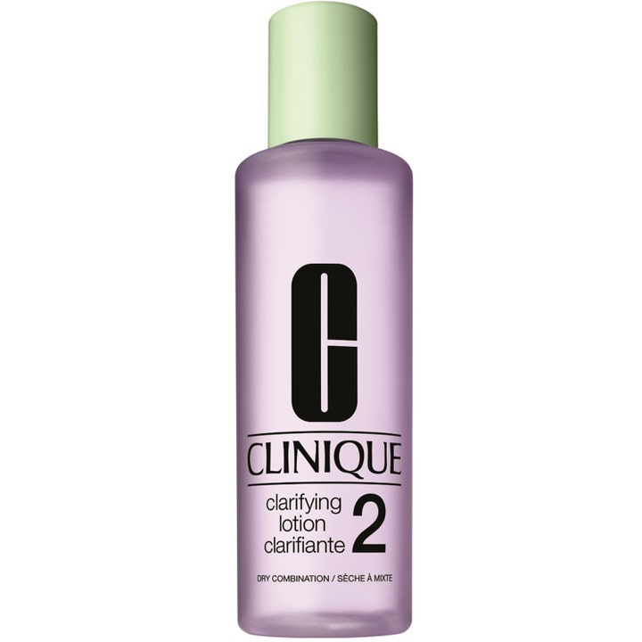 Clinique Clarifying Lotion 2 eksfolierende lotion der skaber glød i lilla gennemsigtig flaske med lysegrønt låg.