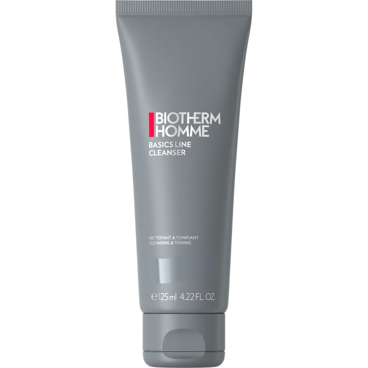 Biotherm Homme Basics Line Cleanser 125 ml ansigtsrens der renser og toner huden i en grå tube med hvid tekst