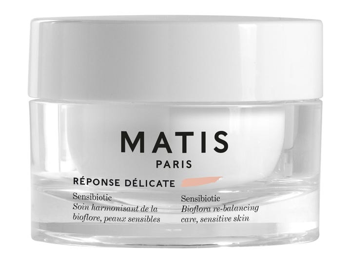 Matis Réponse Délicate Sensibiotic 50 ml beroligende ansigtscreme i klar glaskrukke med hvidt låg
