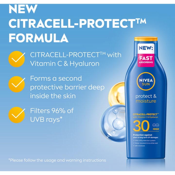 NIVEA Protect & Moisture Sun Lotion 200 ml fugtgivende solcreme med Citracell-Protect formel og Vitamin C