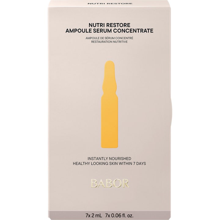 Babor Nutri Restore Ampoule 14 ml nærende serum i beige æske med gul silhuet der giver sund hud