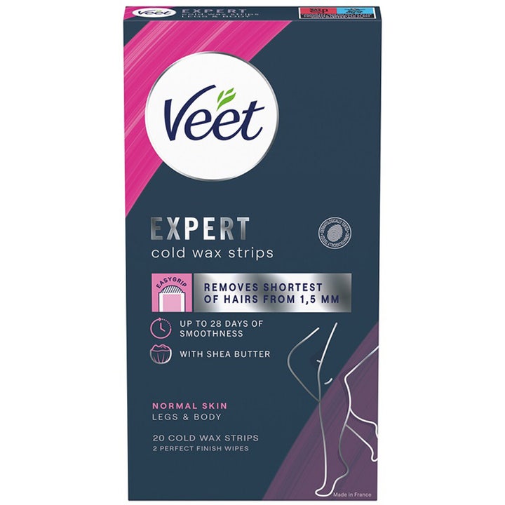 Veet Expert Cold Wax Strips 20 stk koldvoksstrips fjerner korte hår i mørkeblå papæske med lyserøde grafiske detaljer