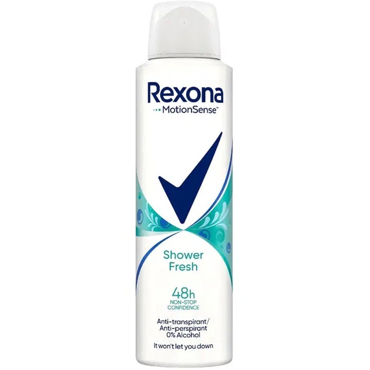 Rexona Shower Fresh MotionSense anti-perspirant deodorant spray modvirker sved i en hvid flaske med blåt logo.
