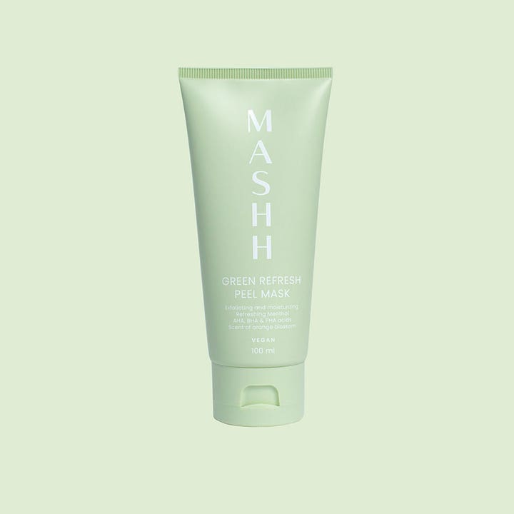 MASHH Green Refresh & Peel Mask 100 ml eksfolierende ansigtsmaske med AHA og BHA syre i en lysegrøn tube