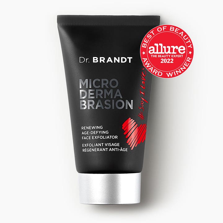Dr Brandt Microdermabrasion Face Exfoliator 60 g fornyende ansigtsskrubb i sort tube med sølvlåg og rød Allure Award