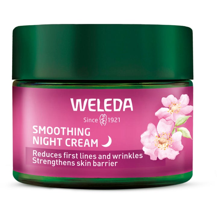 Weleda Smoothing Night Cream 30ml udglattende natcreme i grøn glaskrukke med rosa etiket og vilde roser