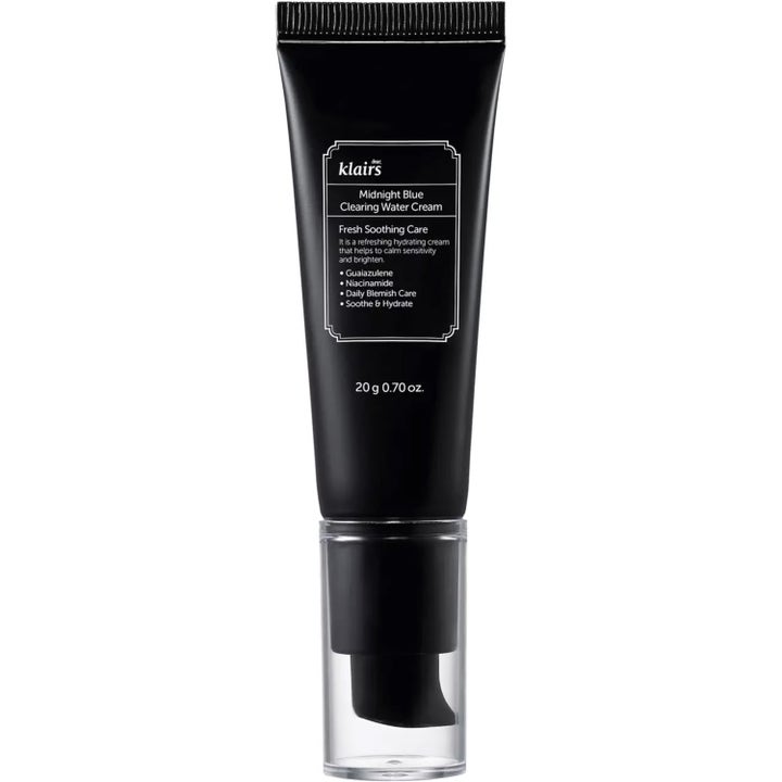 Klairs Midnight Blue Clearing Water Cream 20 g beroligende ansigtscreme med niacinamid i sort tube med pumpe