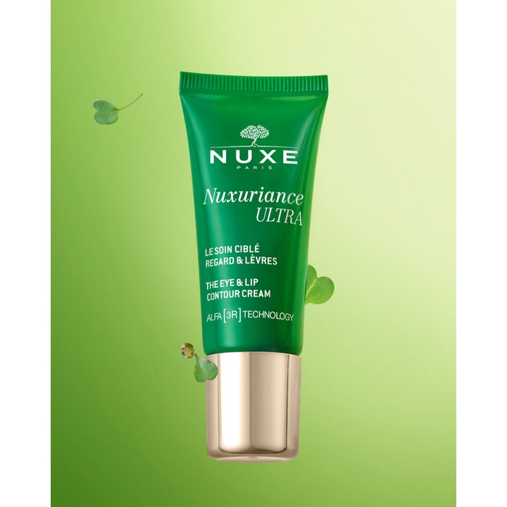 Nuxe Nuxuriance Ultra 15 ml øjencreme og læbecreme i grøn tube med guldhætte og svævende blade