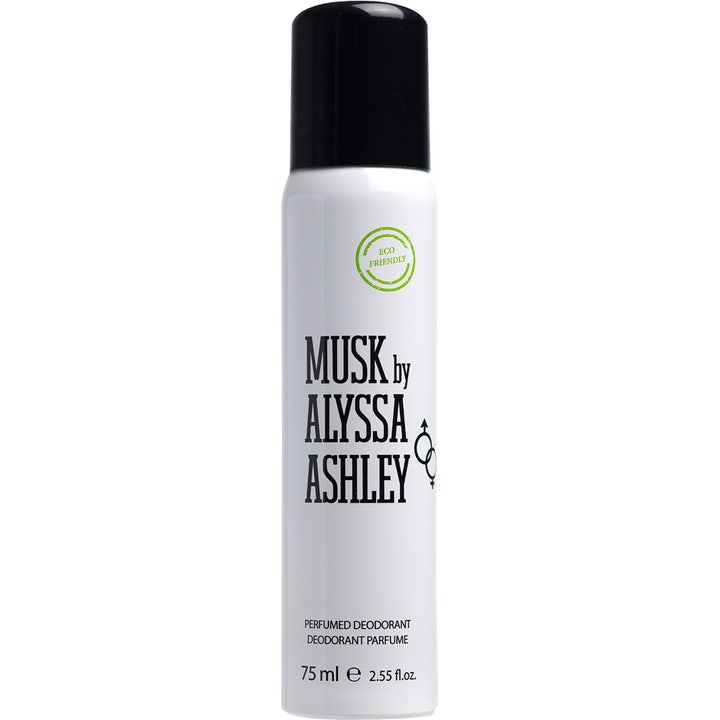 Alyssa Ashley Musk 75 ml parfumeret deodorant spray i hvid flaske med sort låg og grønt eco-logo
