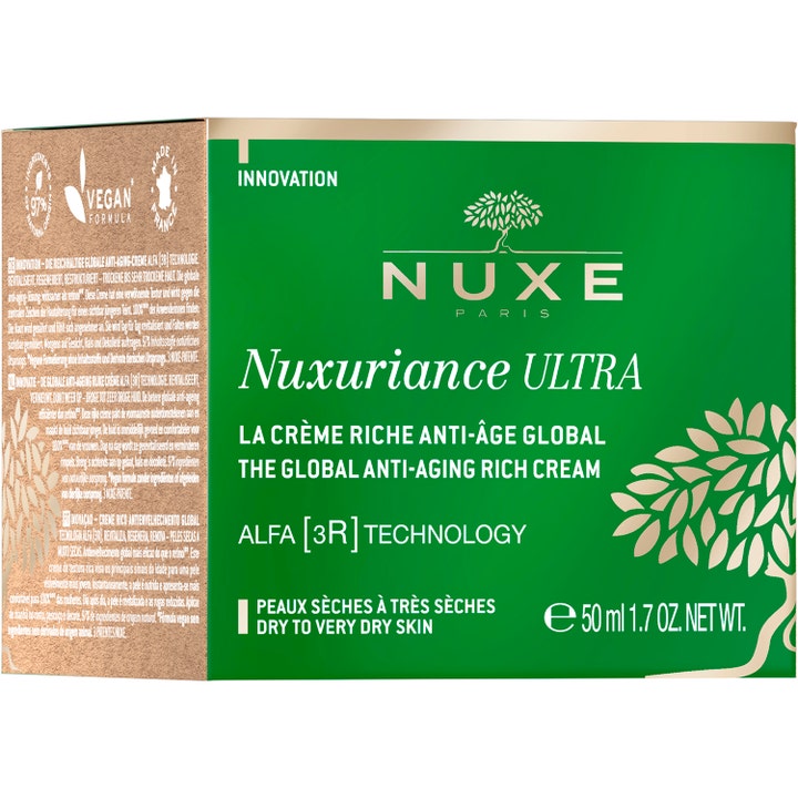 Nuxe Nuxuriance Ultra 50 ml anti-age dagcreme i grøn og guld æske med Alfa 3R teknologi til meget tør hud.