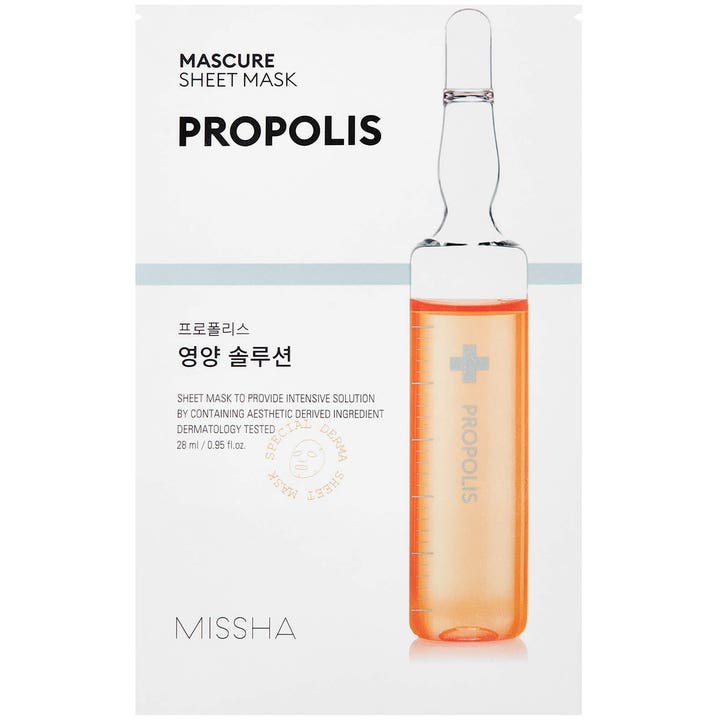 Missha Mascure Sheet Mask Propolis 28 ml nærende ansigtsmaske i hvid indpakning med motiv af en klar orange ampul