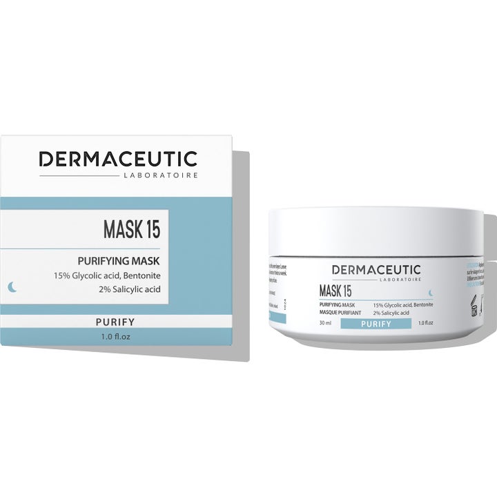 Dermaceutic Mask 15 30 ml eksfolierende ansigtsmaske i hvid krukke med 15% glykolsyre og salicylsyre