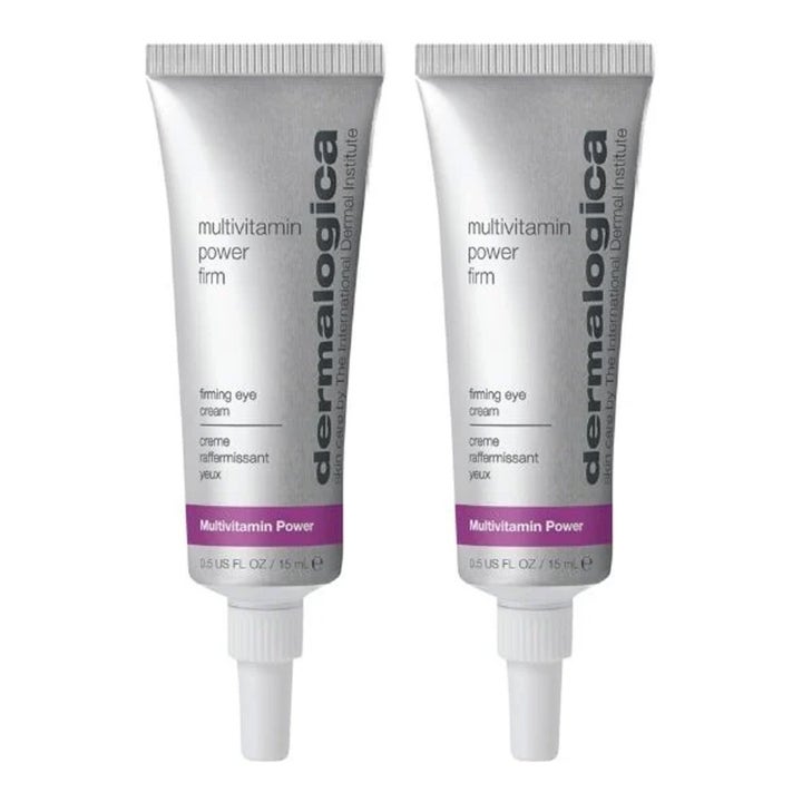 Dermalogica Multivitamin Power Firm opstrammende øjencreme i to sølvfarvede tuber der giver en glattere hud.