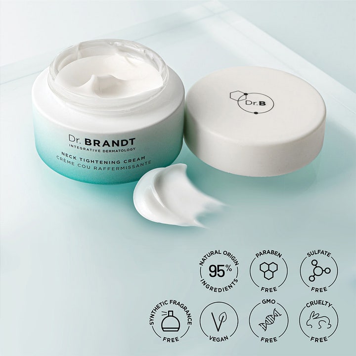 Dr. Brandt Neck Tightening Cream opstrammende halscreme i krukke med blå gradient og fyldig hvid tekstur