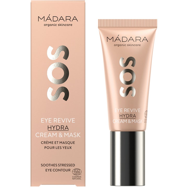 MÁDARA SOS Eye Revive Hydra Cream & Mask 20 ml fugtgivende øjencreme i ferskenfarvet tube med sølvlåg