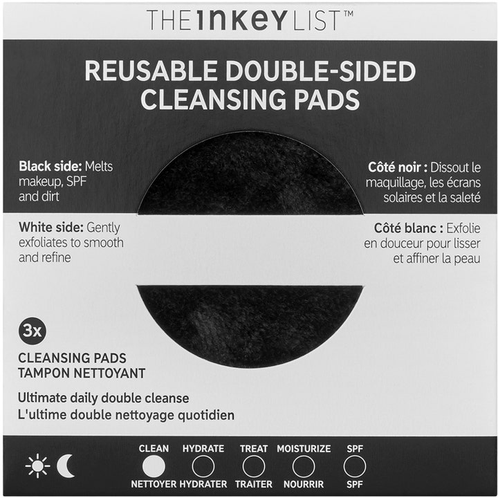 The INKEY List Reusable Cleansing Pads 3 stk ansigtsrens i sort emballage med kig til de bløde vatrondeller
