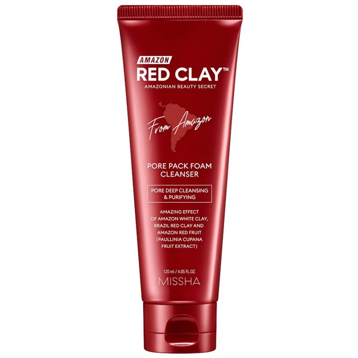 Missha Amazon Red Clay Pore Pack Foam Cleanser 120 ml renseprodukt i en rød tube der renser porer i dybden.