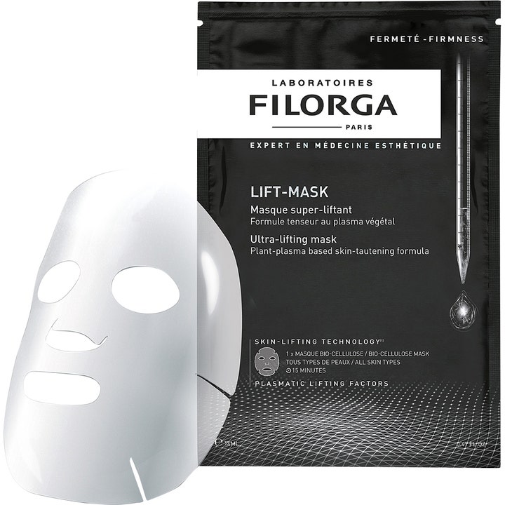 Filorga Lift-Mask 23 ml opstrammende ansigtsmaske med hvid bio-cellulose maske ved siden af den sorte indpakning