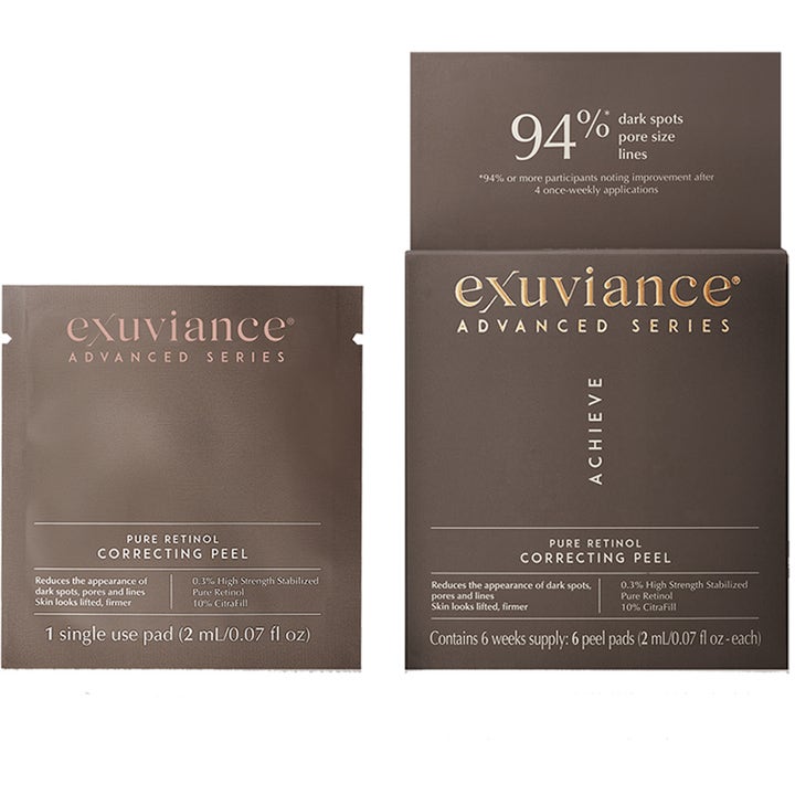 Exuviance Pure Retinol Correcting Peel 6 stk ansigtspeeling mod mørke pletter i brun emballage og sachet