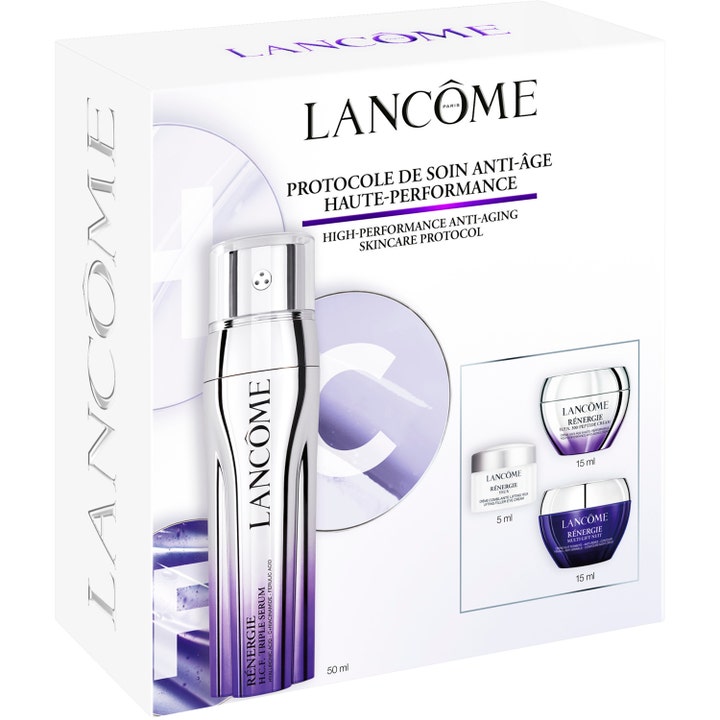 Lancôme Rénergie H.C.F. Triple Serum Face Routine Set 1 stk anti-age hudplejesæt i hvid æske med lilla og sølv produkter.