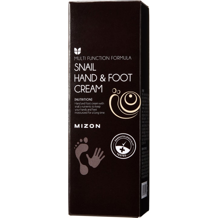 Mizon Snail Hand & Foot Cream fugtgivende creme med snegleslim i mørkebrun papæske med hvide grafiske ikoner