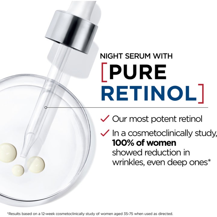 L'Oréal Paris Laser Pure Retionol Night Serum 30 ml mod rynker viser tekstur med pipette og petriskål