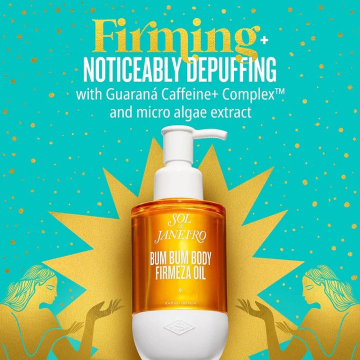 Sol de Janeiro Bum Bum Body Firmeza Oil 100 ml opstrammende kropsolie i flaske med hvid pumpe og guld.
