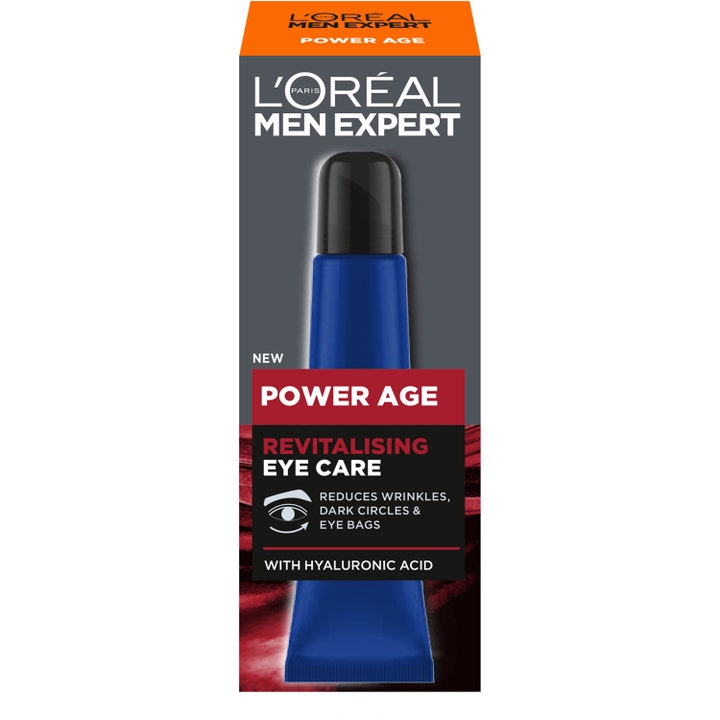 L'Oréal Paris Men Expert Power Age Revitalizing Eye Care 15 ml øjencreme mod rynker i grå og orange emballage.