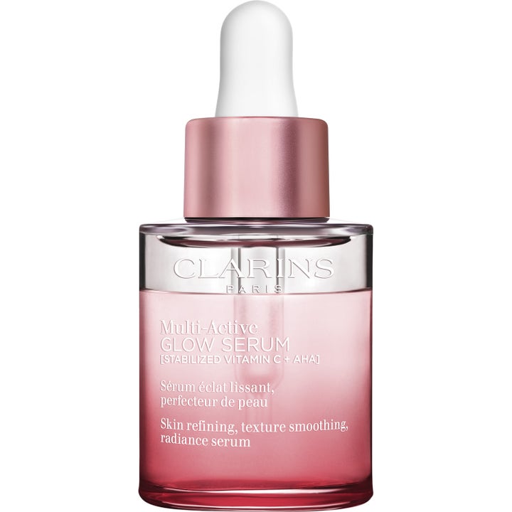 Clarins Multi-Active Glow Serum 30ml glødgivende ansigtsserum i lyserød graduerede glasflakon med hvid pipette.