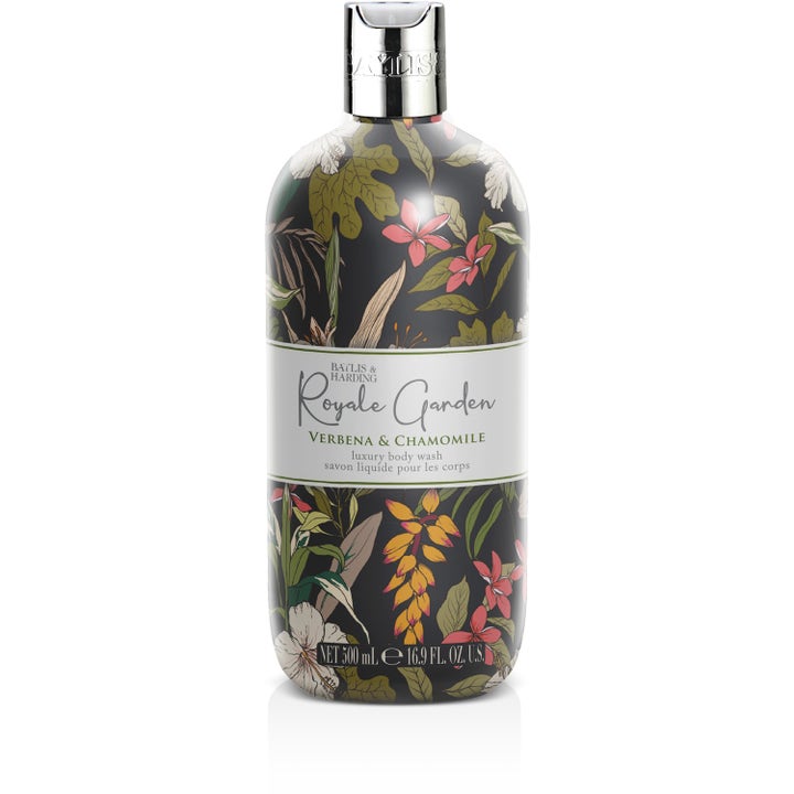 Baylis & Harding Royale Garden Verbena & Chamomile 500 ml luksuriøs kropsvask i mørk flaske med blomstermønster og sølvlåg.