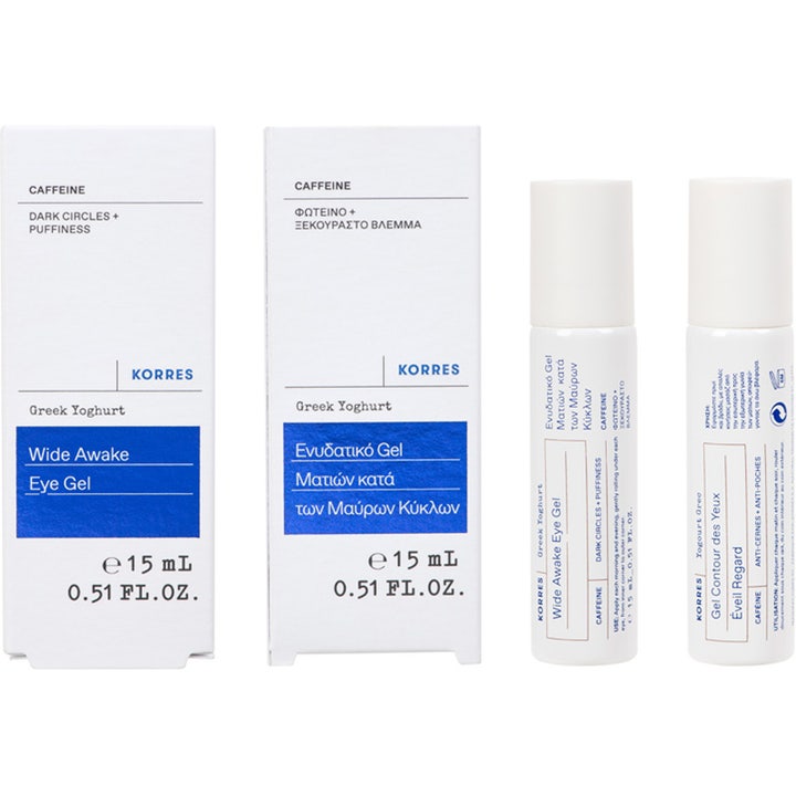 KORRES Greek Yoghurt Wide Awake Eye Gel 15 ml mod mørke rande i hvide tuber og æsker med blå detaljer