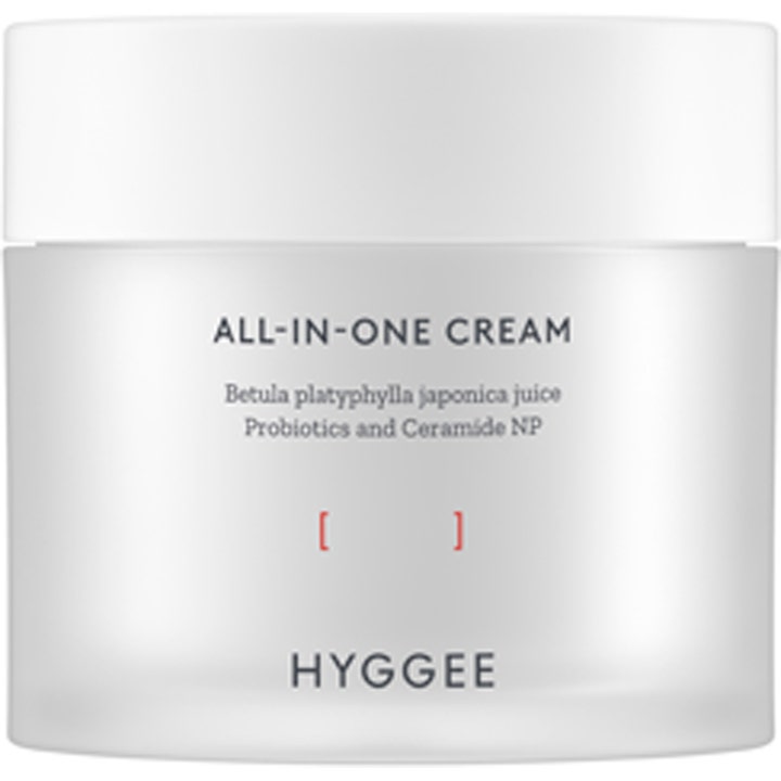 HYGGEE All-In-One Cream fugtgivende ansigtscreme med ceramider i hvid krukke af frostet glas med hvidt låg.
