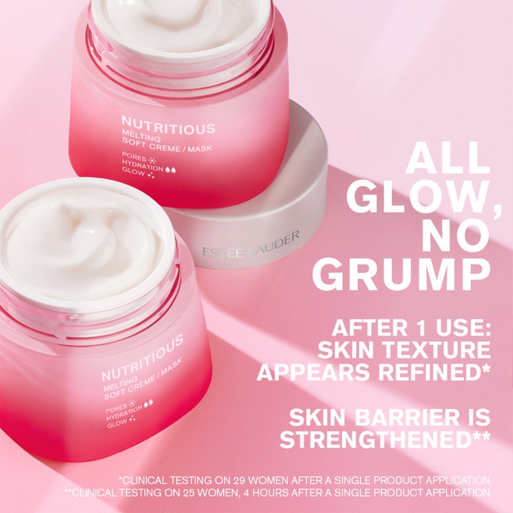 Estée Lauder Nutritious Melting Soft Cream 50 ml fugtgivende ansigtsmaske med hvid cremet tekstur i lyserøde krukker
