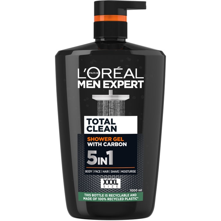 L'Oréal Men Expert Total Clean Shower Gel 1000 ml 5-i-1 rens i stor sort flaske med pumpe og orange detaljer.