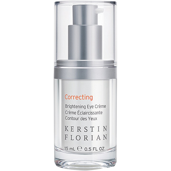 Kerstin Florian Correcting Brightening Eye Crème 15 ml oplysende øjencreme i hvid flaske med sølvpumpe og klart låg