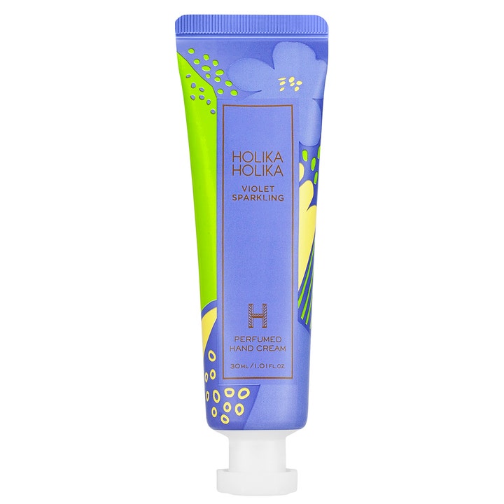 Holika Holika Violet Sparkling Perfumed Hand Cream 30ml fugtgivende håndcreme i lilla tube med grønne og gule mønstre