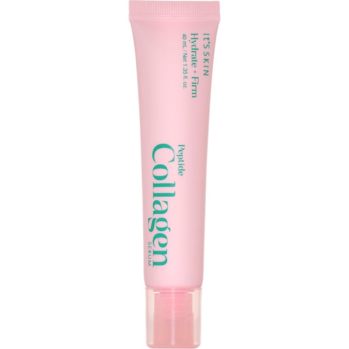 It's Skin Peptide Collagen Serum 40 ml opstrammende serum i lyserød tube med grøn tekst og gennemsigtig hætte.