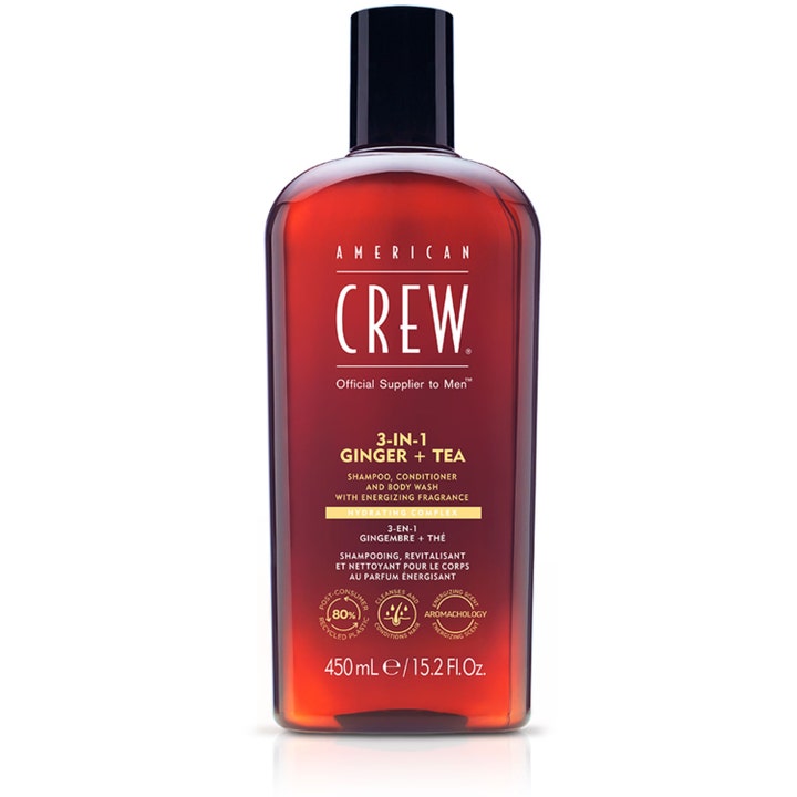 American Crew 3-in-1 Ginger + Tea 450 ml fugtgivende alt-i-en vask i ravfarvet flaske med sort skruelåg