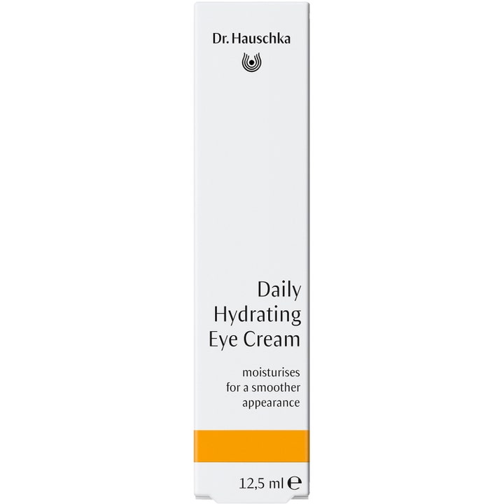 Dr. Hauschka Daily Hydrating Eye Cream 12,5 ml fugtgivende øjencreme i hvid papæske med orange stribe